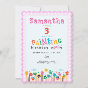 Cute Finger Painting Pink Girl Art Birthday Party Invitation