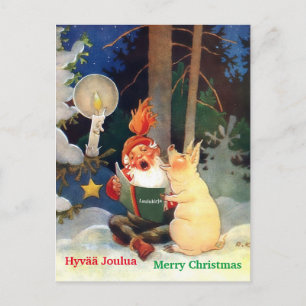 Cute Finnish Tomte or Haltija Gnome & Pig Singing Postcard