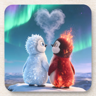 Cute Fire and Ice Penguin Northern Lights Beverage Coaster