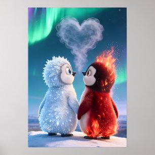 Cute Fire and Ice Penguin Northern Lights Poster