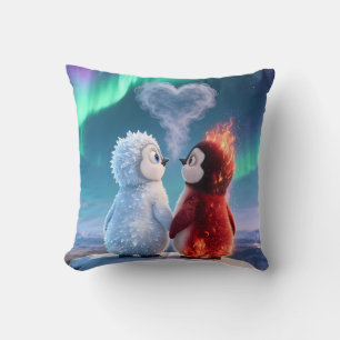 Cute Fire and Ice Penguin Northern Lights Throw Pillow