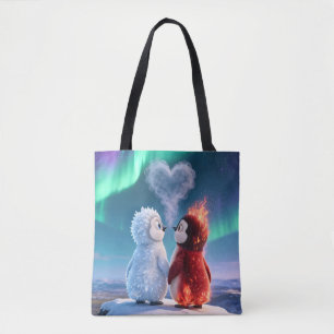 Cute Fire and Ice Penguin Northern Lights Tote Bag