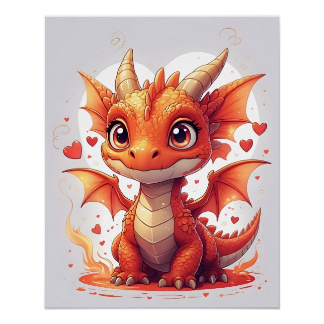 Cute Fire Baby Dragon Art Poster (Front)