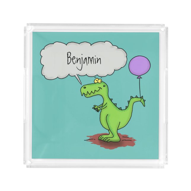 Cute fire breathing green funny dragon cartoon acrylic tray (Front)