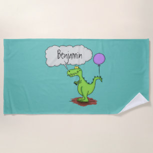 Cute fire breathing green funny dragon cartoon beach towel