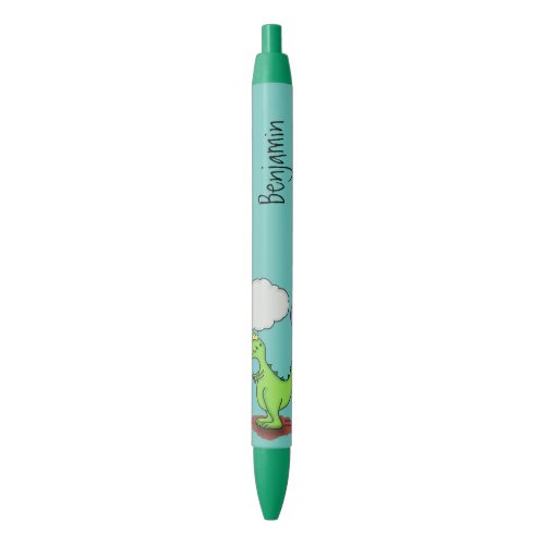 Cute fire breathing green funny dragon cartoon black ink pen