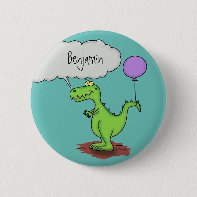 Cute fire breathing green funny dragon cartoon button (Front)