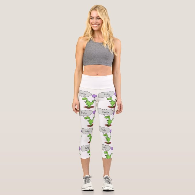 Cute fire breathing green funny dragon cartoon capri leggings (Front)