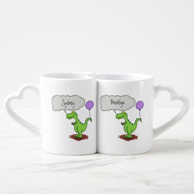 Cute fire breathing green funny dragon cartoon coffee mug set (Back Nesting)