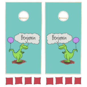 Cute fire breathing green funny dragon cartoon cornhole set