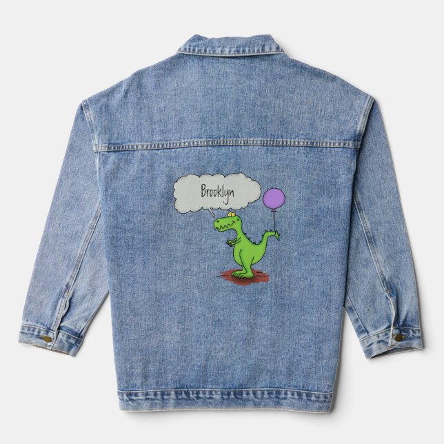 Cute fire breathing green funny dragon cartoon denim jacket (Back)