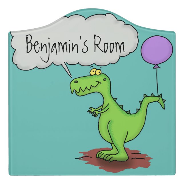 Cute fire breathing green funny dragon cartoon door sign (Large Crest Front)
