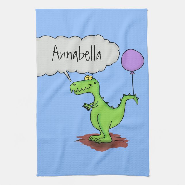 Cute fire breathing green funny dragon cartoon kitchen towel (Vertical)