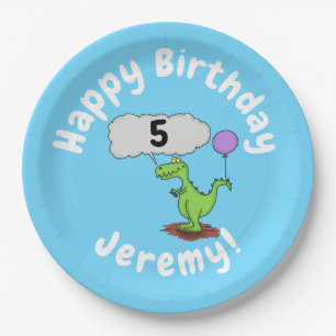 Cute fire breathing green funny dragon cartoon paper plates