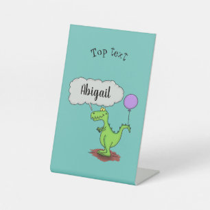 Cute fire breathing green funny dragon cartoon pedestal sign