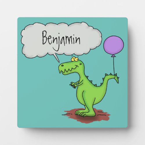 Cute fire breathing green funny dragon cartoon plaque