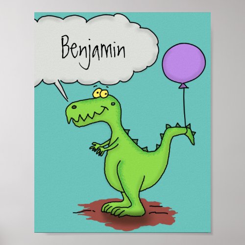 Cute fire breathing green funny dragon cartoon poster