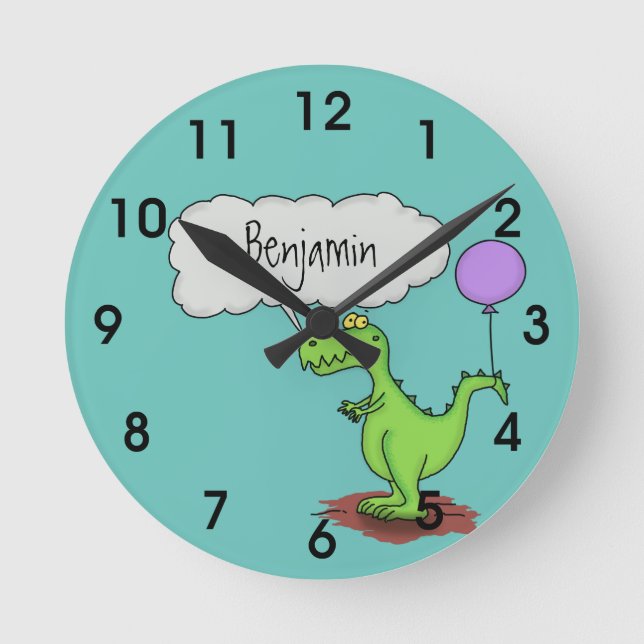 Cute fire breathing green funny dragon cartoon round clock (Front)