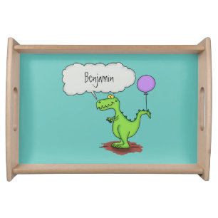 Cute fire breathing green funny dragon cartoon serving tray