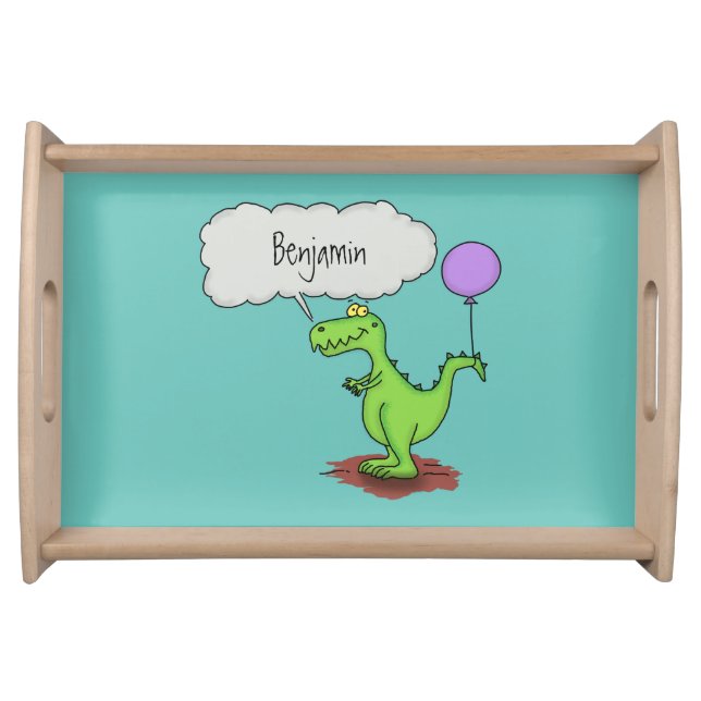 Cute fire breathing green funny dragon cartoon serving tray (Front)