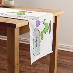 Cute fire breathing green funny dragon cartoon short table runner
