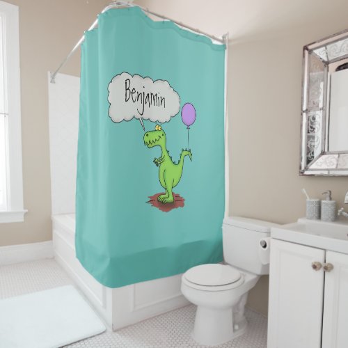 Cute fire breathing green funny dragon cartoon shower curtain