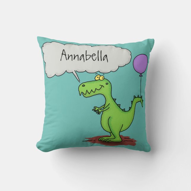 Cute fire breathing green funny dragon cartoon throw pillow (Front)