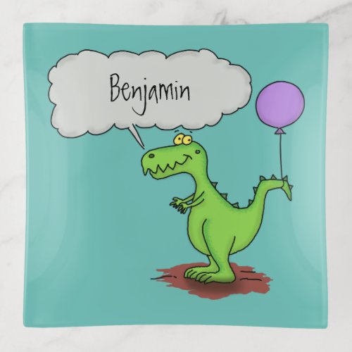 Cute fire breathing green funny dragon cartoon trinket tray