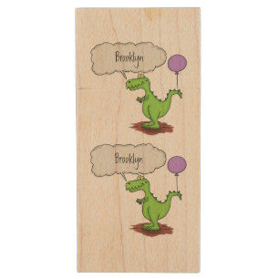 Cute fire breathing green funny dragon cartoon wood flash drive