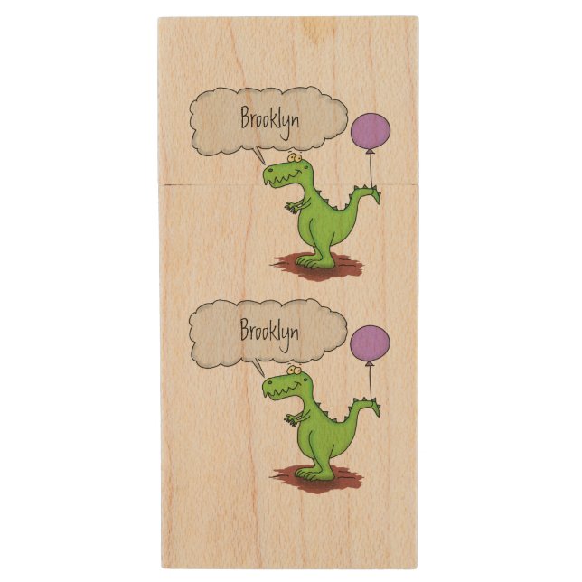 Cute fire breathing green funny dragon cartoon wood flash drive (Front Vertical)