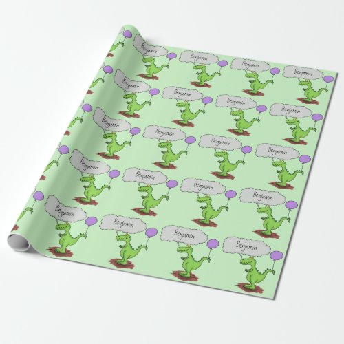 Cute fire breathing green funny dragon cartoon wrapping paper