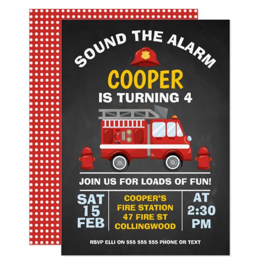 Cute Fire Engine Chalkboard Birthday Invitation