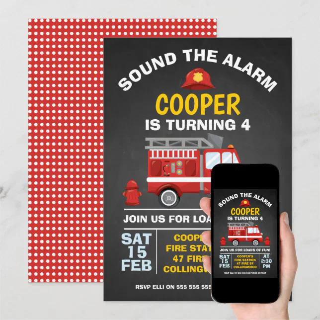 Cute Fire Engine Chalkboard Birthday Invitation | Zazzle