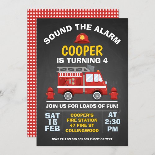 Cute Fire Engine Chalkboard Birthday Invitation