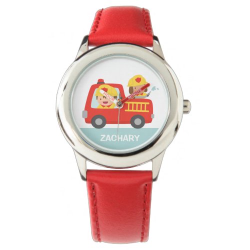 Cute Fire fighter Boy and Dog Red Fire Truck Watch