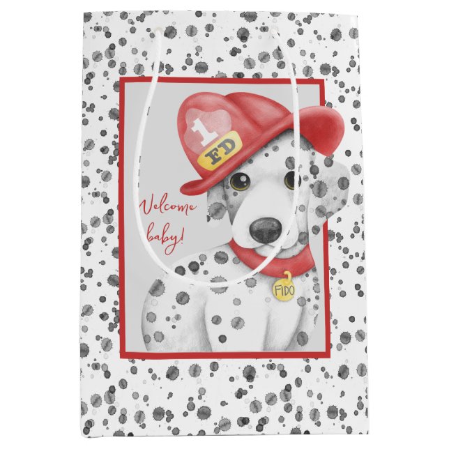 Cute Fire Fighter Dalmatian Baby Shower Medium Gift Bag (Front)