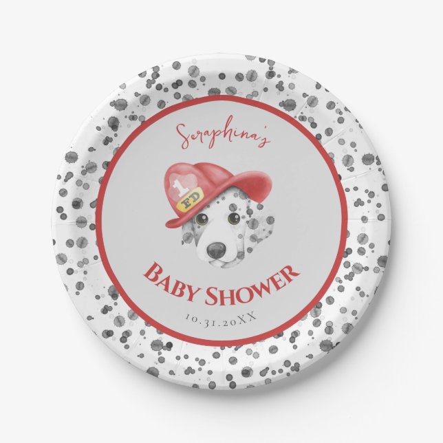 Cute Fire Fighter Dalmatian Baby Shower Paper Plates (Front)