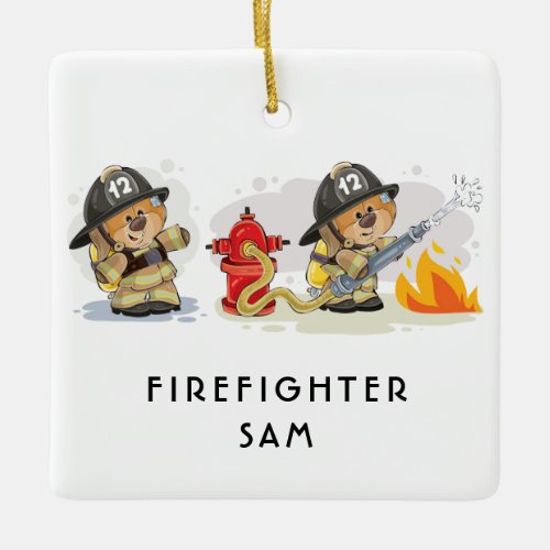 Cute Fire Fighting Bears Personalized Text Ceramic Ornament