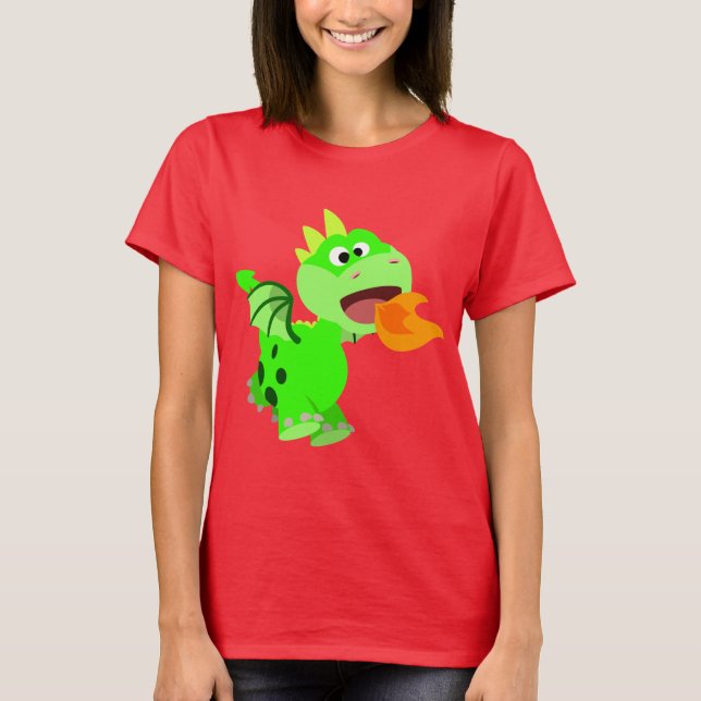 Cute Fire-Spitting Cartoon Baby Dragon T-Shirt (Front)