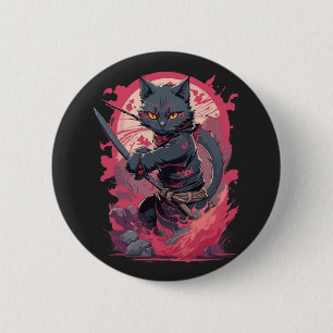 Cute Fire Splash Black Ninja Cat Warrior Button