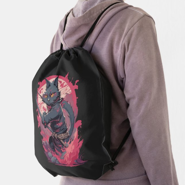 Cute Fire Splash Black Ninja Cat Warrior Drawstring Bag (Insitu)