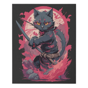 Cute Fire Splash Black Ninja Cat Warrior Faux Canvas Print