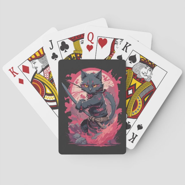 Cute Fire Splash Black Ninja Cat Warrior Poker Cards (Back)