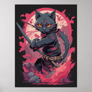 Cute Fire Splash Black Ninja Cat Warrior Poster