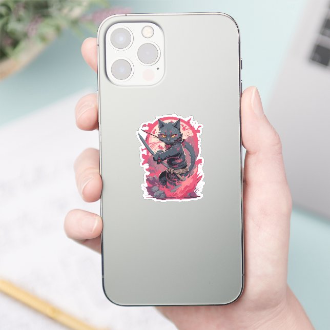 Cute Fire Splash Black Ninja Cat Warrior Sticker (Phone)