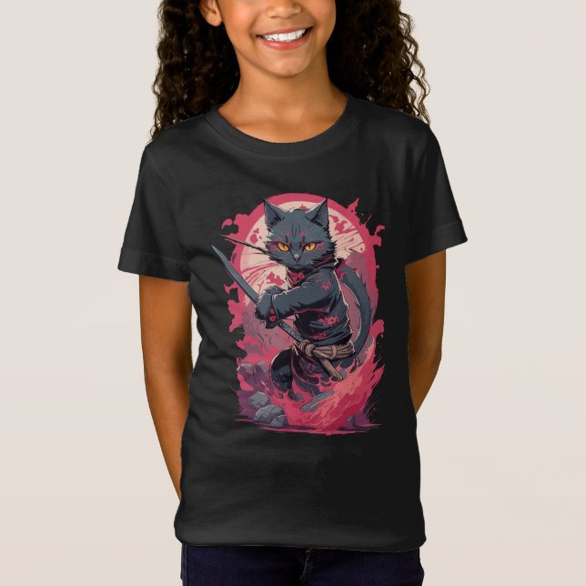 Cute Fire Splash Black Ninja Cat Warrior T-Shirt (Front)