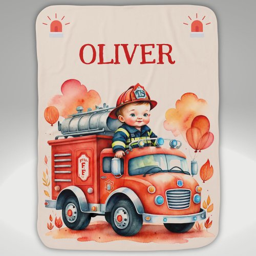 Cute Fire Truck and Firefighter Baby Blanket