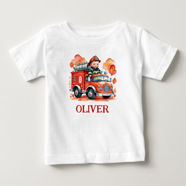 Cute Fire Truck and Firefighter Baby T-Shirt (Front)