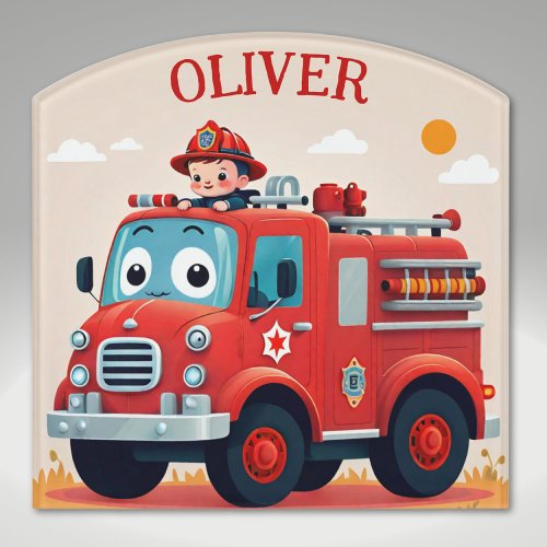 Cute Fire Truck and Firefighter Boy Door Sign