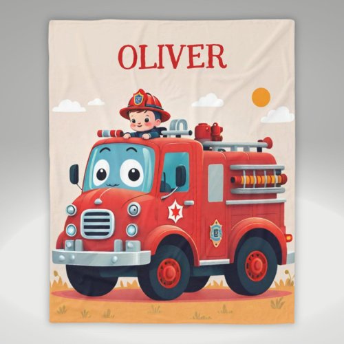 Cute Fire Truck and Firefighter Boy Fleece Blanket